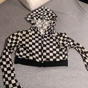 Checkered crop top jacket with hood